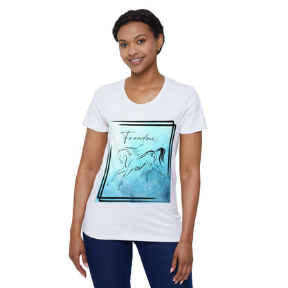 'Freedom' Sumi Horse on Blue Watercolor - 100% Organic Cotton T-Shirt for Stylish and Sustainable Fashion