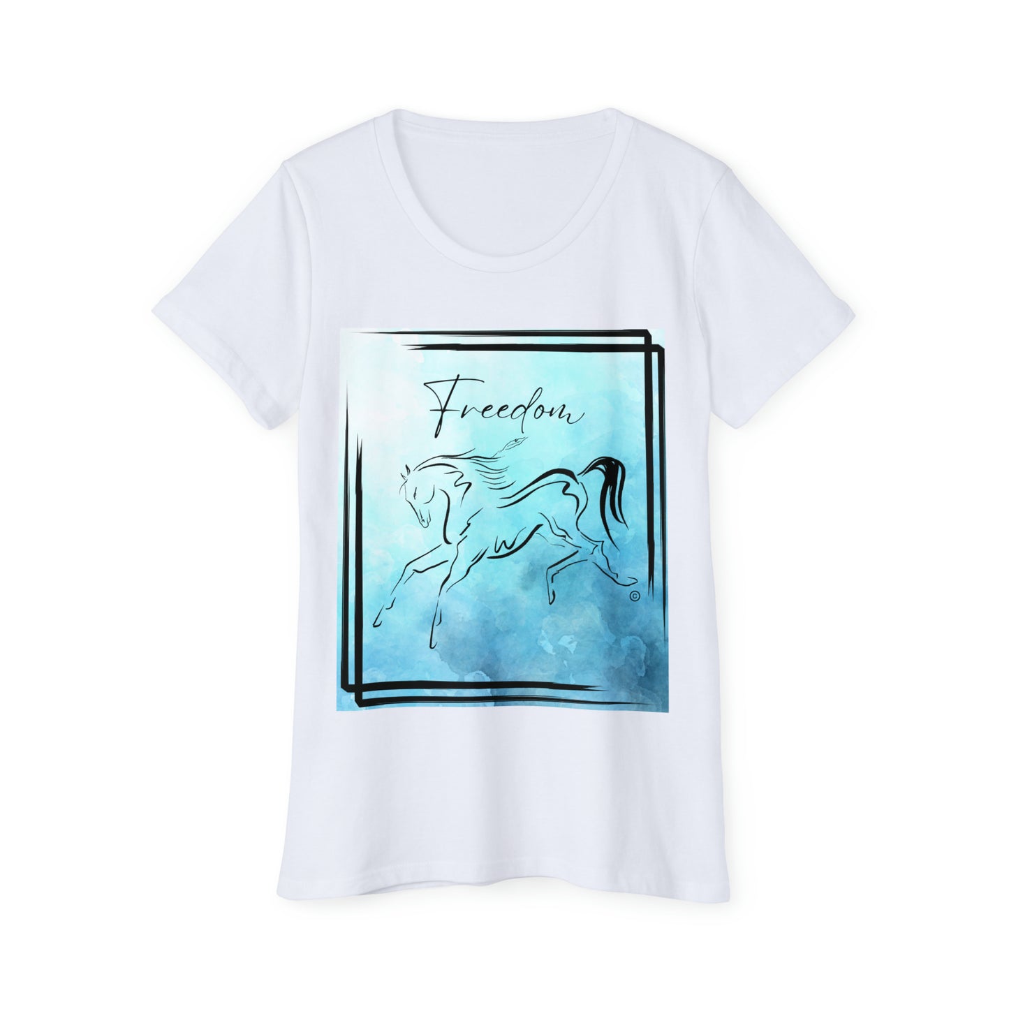 'Freedom' Sumi Horse on Blue Watercolor - 100% Organic Cotton T-Shirt for Stylish and Sustainable Fashion